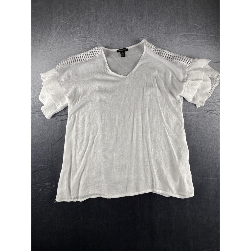 BYdesign Womens White V-Neck Ruffle Sleeve Crochet Trim Blouse Top Large SUN01